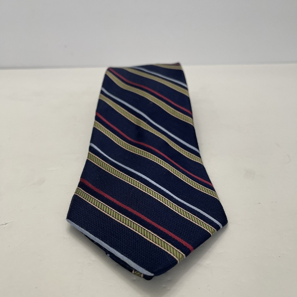 Jos A Bank Navy Blue Silk Tie Diagonal Red Green Blue Stripe 3.75" Wide